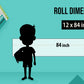 The image shows a green background with a ruler indicating child and adult height on an 12*84 inch paper roll dimension.
