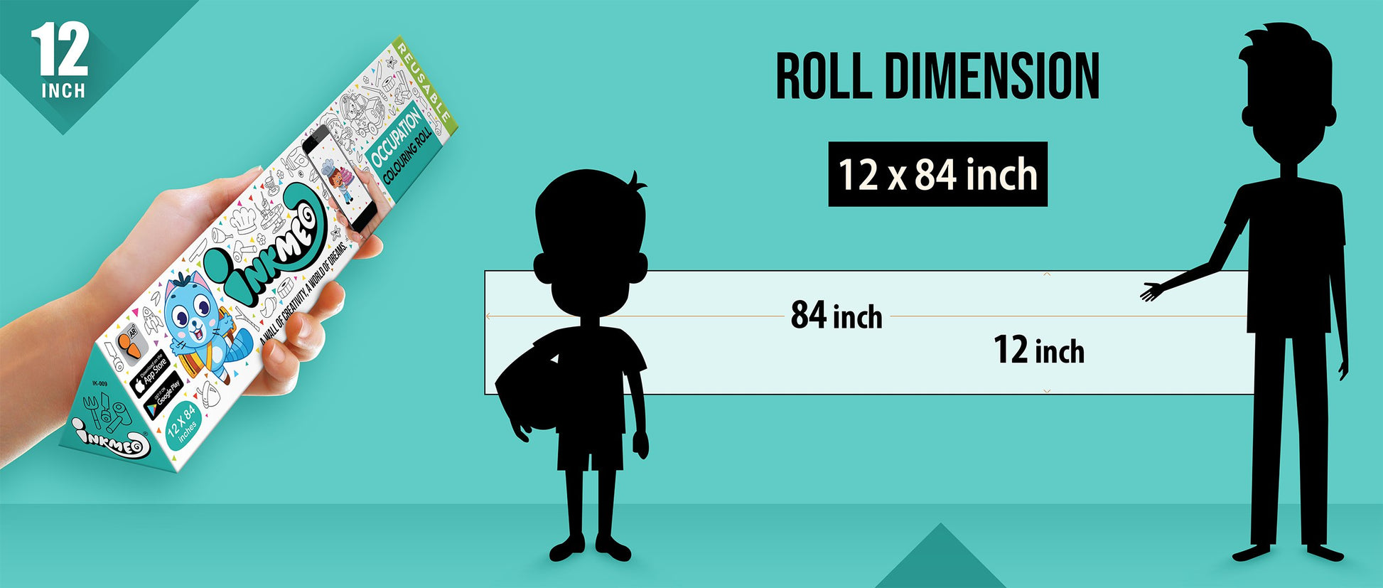 The image shows a green background with a ruler indicating child and adult height on an 12*84 inch paper roll dimension.