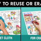 The image has a green background with four pictures demonstrating how to reuse or erase: the first picture depicts sketching on the occupation sheet, the second shows using a wet cloth to remove sketches, the third image displays crayons colouring on the occupation sheet, and the fourth image illustrates erasing crayons with a regular eraser.