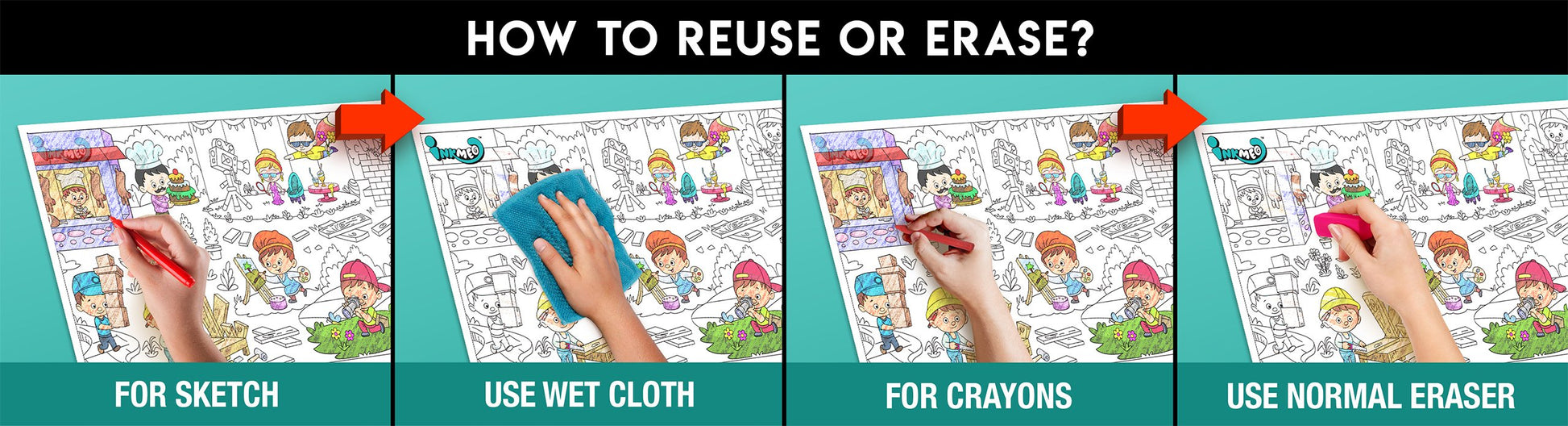 The image has a green background with four pictures demonstrating how to reuse or erase: the first picture depicts sketching on the occupation sheet, the second shows using a wet cloth to remove sketches, the third image displays crayons colouring on the occupation sheet, and the fourth image illustrates erasing crayons with a regular eraser.