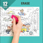  The image depicts three pictures: the first picture shows coloring with crayons, the second image portrays erasing with a normal eraser, and the third image shows scanning the image to enjoy the AR experience.