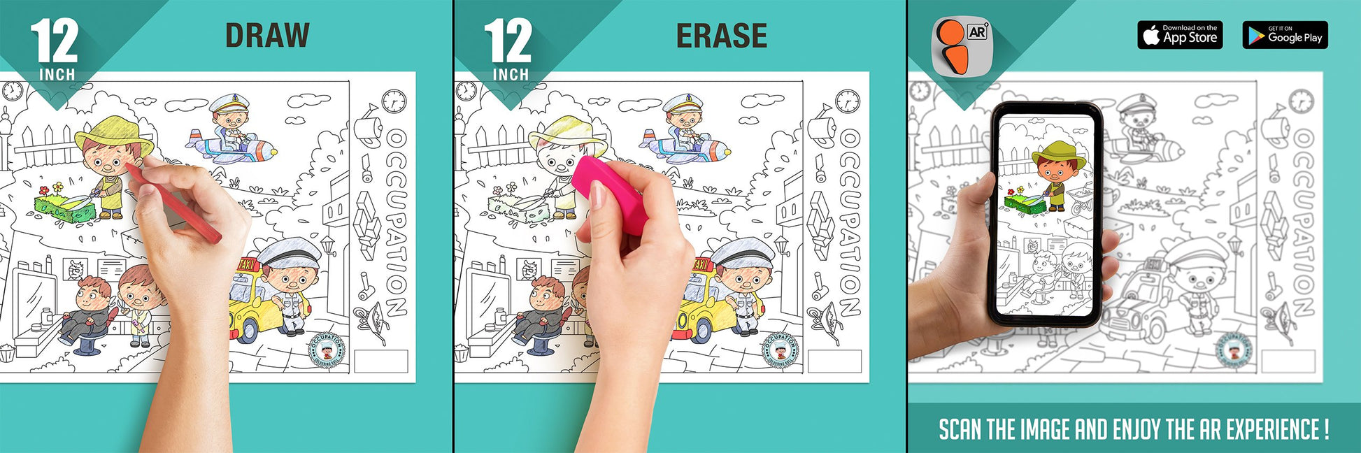  The image depicts three pictures: the first picture shows coloring with crayons, the second image portrays erasing with a normal eraser, and the third image shows scanning the image to enjoy the AR experience.
