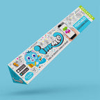 The image shows blue backdrop with  blue box featuring a cute cartoon character, perfect for adding a touch of fun to any space.