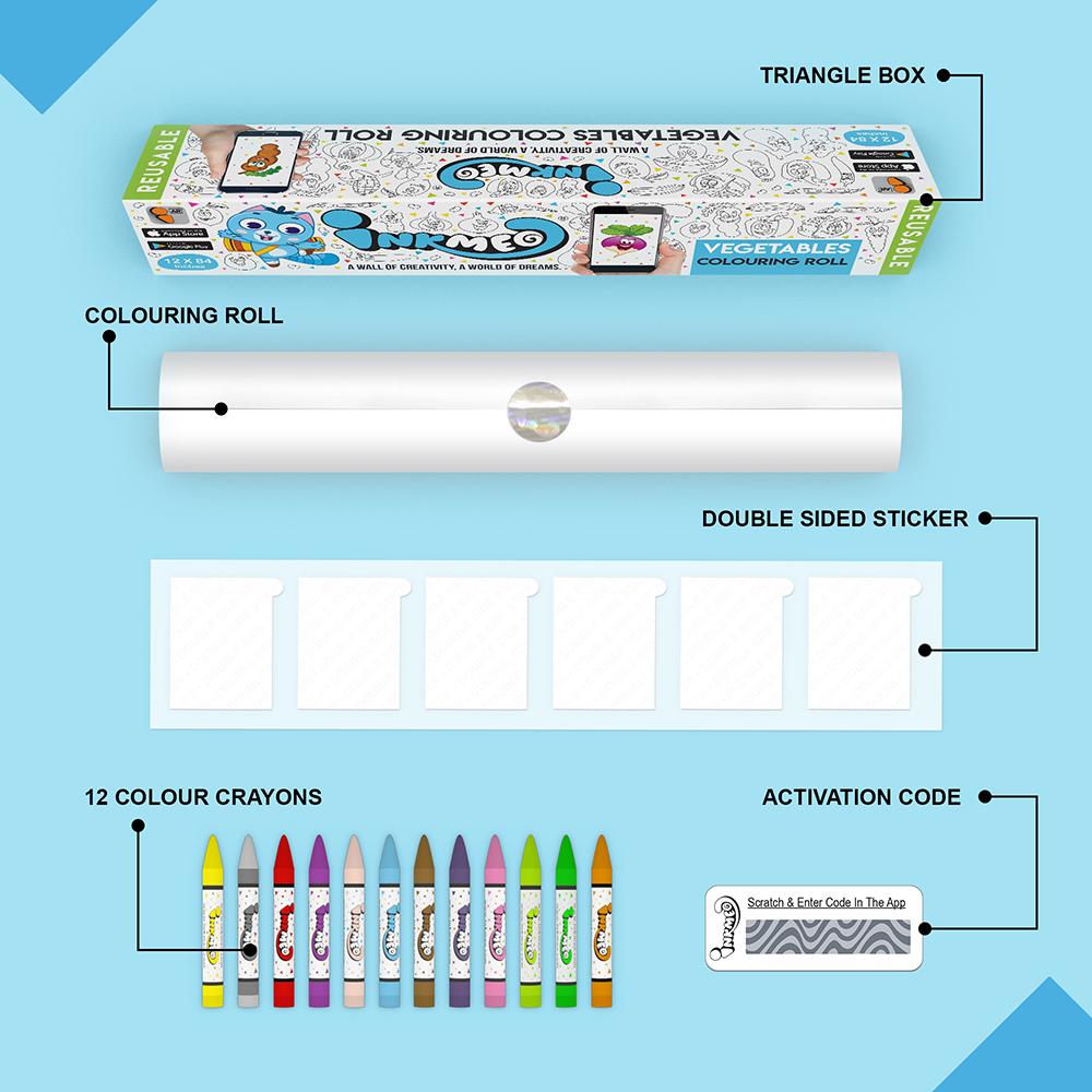 The image depicts a blue background with a single triangular box, a coloring roll, 6 double-sided stickers, 12 colored crayons, and an activation code.