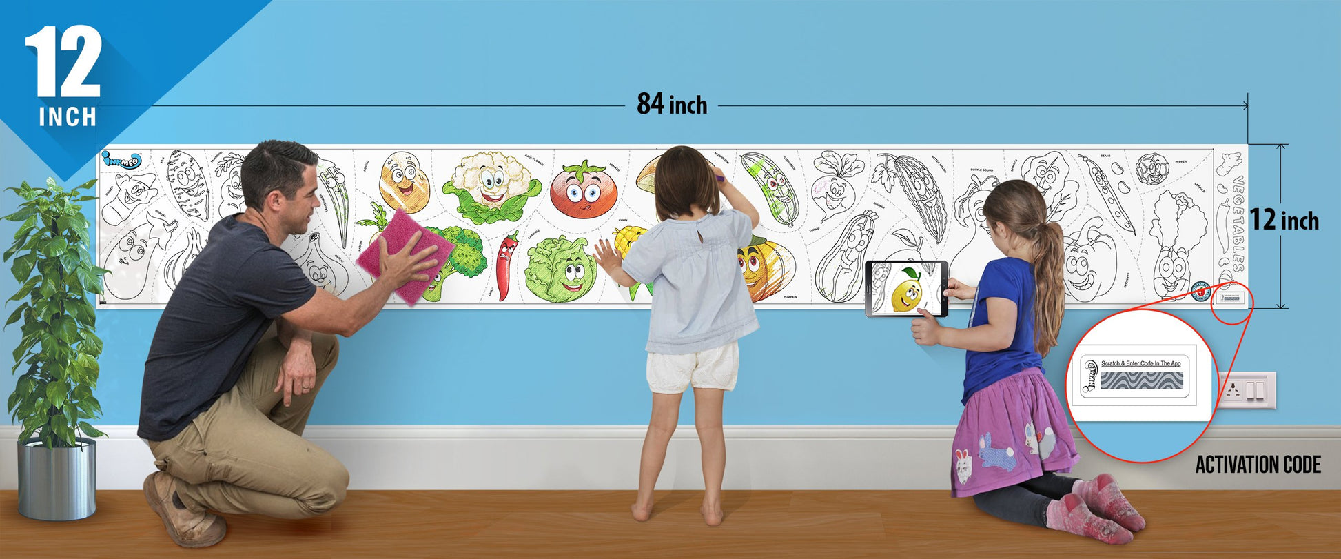 The image depicts a father and his two daughters enjoying a bonding moment while coloring vegetables sheet attached to the wall.