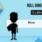 The image shows a blue background with a ruler indicating child and adult height on an 12*84 inch paper roll dimension.