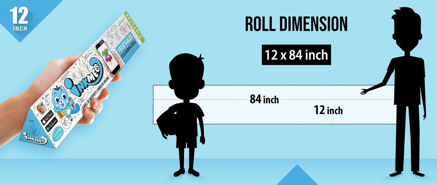 The image shows a blue background with a ruler indicating child and adult height on an 12*84 inch paper roll dimension.