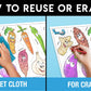 The image has a blue background with four pictures demonstrating how to reuse or erase: the first picture depicts sketching on the vegetable sheet, the second shows using a wet cloth to remove sketches, the third image displays crayons colouring on the vegetable sheet, and the fourth image illustrates erasing crayons with a regular eraser.