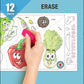 The image depicts three pictures: the first picture shows coloring with crayons, the second image portrays erasing with a normal eraser, and the third image shows scanning the image to enjoy the AR experience.