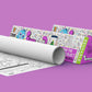 The image depicts two 12*84 inches purple triangular find the hidden objects boxes placed alongside each other, with a sheet rolled out next to them.