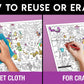 The image has a purple background with four pictures demonstrating how to reuse or erase: the first picture depicts sketching on the sheet, the second shows using a wet cloth to remove sketches, the third image displays crayons colouring on the sheet, and the fourth image illustrates erasing crayons with a regular eraser.