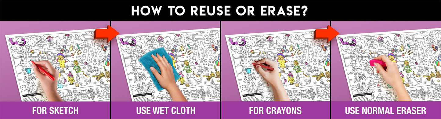 The image has a purple background with four pictures demonstrating how to reuse or erase: the first picture depicts sketching on the sheet, the second shows using a wet cloth to remove sketches, the third image displays crayons colouring on the sheet, and the fourth image illustrates erasing crayons with a regular eraser.