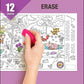 The image depicts three pictures: the first picture shows coloring with crayons, the second image portrays erasing with a normal eraser, and the third image shows scanning the image to enjoy the AR experience.