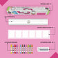The image depicts a pink background with a single triangular box, a coloring roll, 6 double-sided stickers, 12 colored crayons, and an activation code.