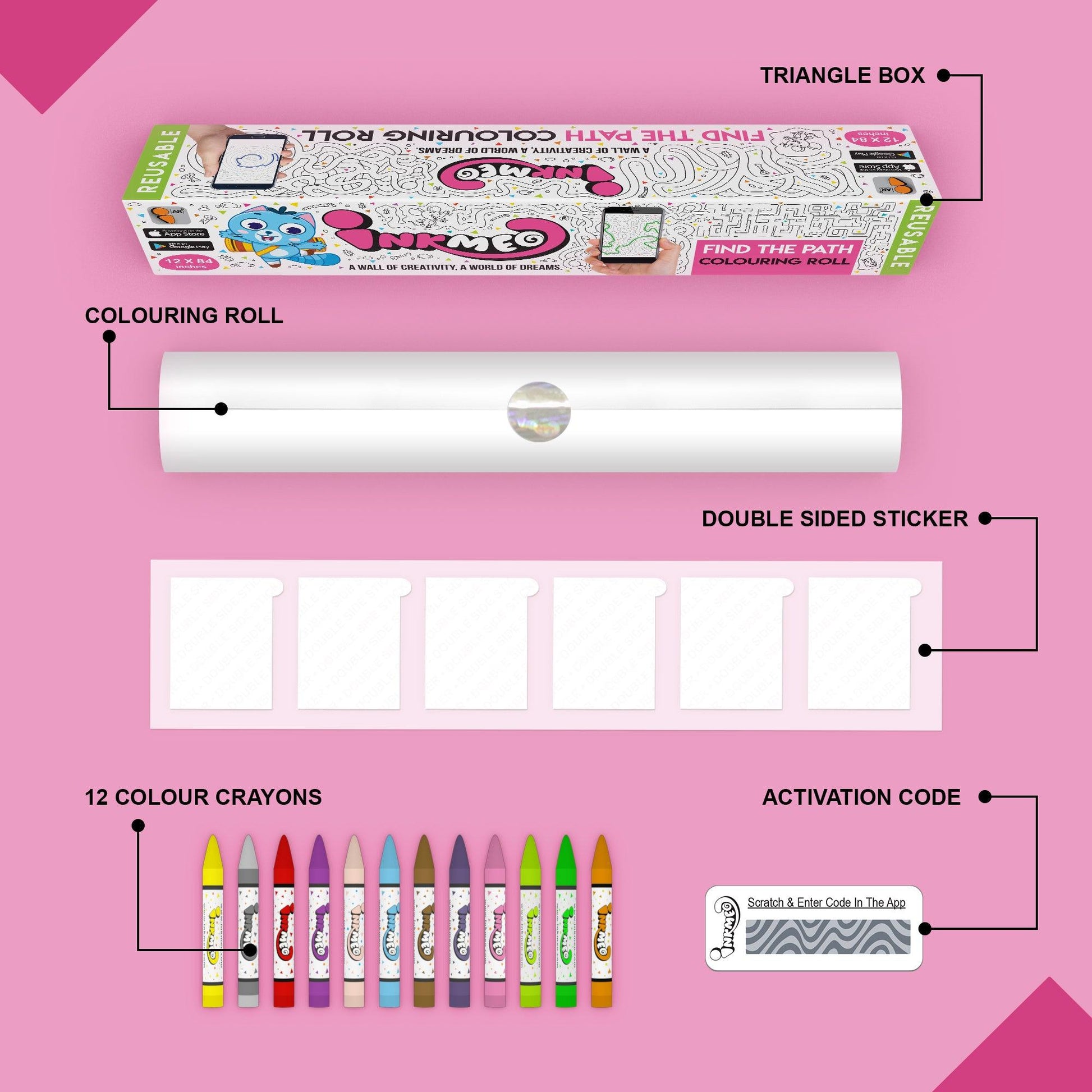 The image depicts a pink background with a single triangular box, a coloring roll, 6 double-sided stickers, 12 colored crayons, and an activation code.
