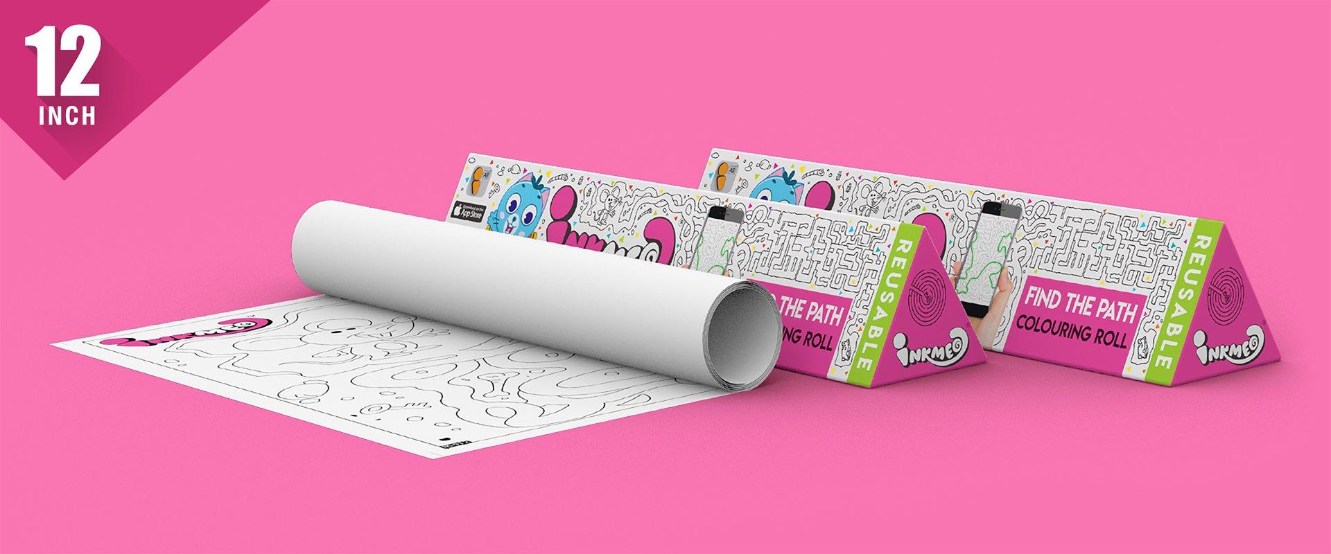 The image depicts two 12*84 inches pink triangular find the path boxes placed alongside each other, with a sheet rolled out next to them.