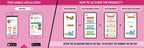 The image has a pink background which is divided into two parts. The first part shows a free mobile application for downloading the Inkmeo app in the App Store and Google Store. The second part shows four mobile phones with the caption "To open the Inkmeo app, select your product category, select your product, and enter the code & click validate.