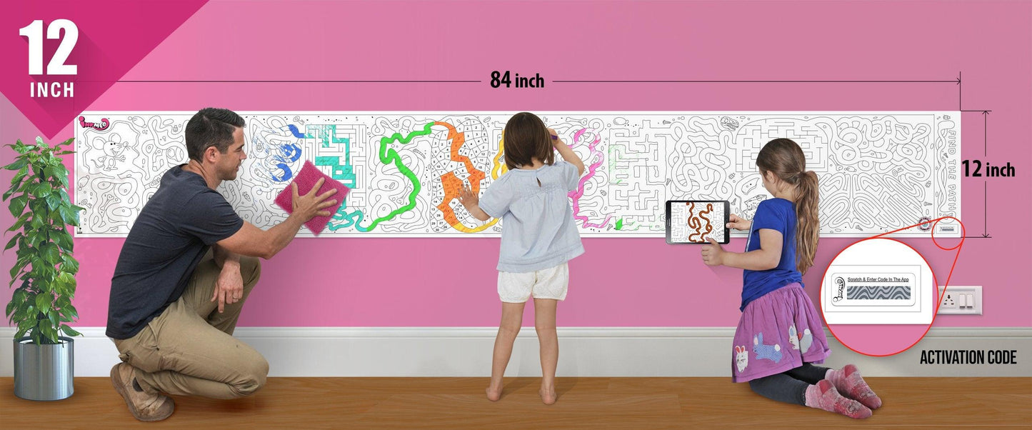 The image depicts a father and his two daughters enjoying a bonding moment while colouring find the path sheet attached to the wall.