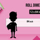 The image shows a pink background with a ruler indicating child and adult height on an 12*84 inch paper roll dimension.