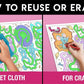 The image has a pink background with four pictures demonstrating how to reuse or erase: the first picture depicts sketching on the sheet, the second shows using a wet cloth to remove sketches, the third image displays crayons colouring on the sheet, and the fourth image illustrates erasing crayons with a regular eraser.