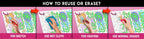 The image has a pink background with four pictures demonstrating how to reuse or erase: the first picture depicts sketching on the sheet, the second shows using a wet cloth to remove sketches, the third image displays crayons colouring on the sheet, and the fourth image illustrates erasing crayons with a regular eraser.