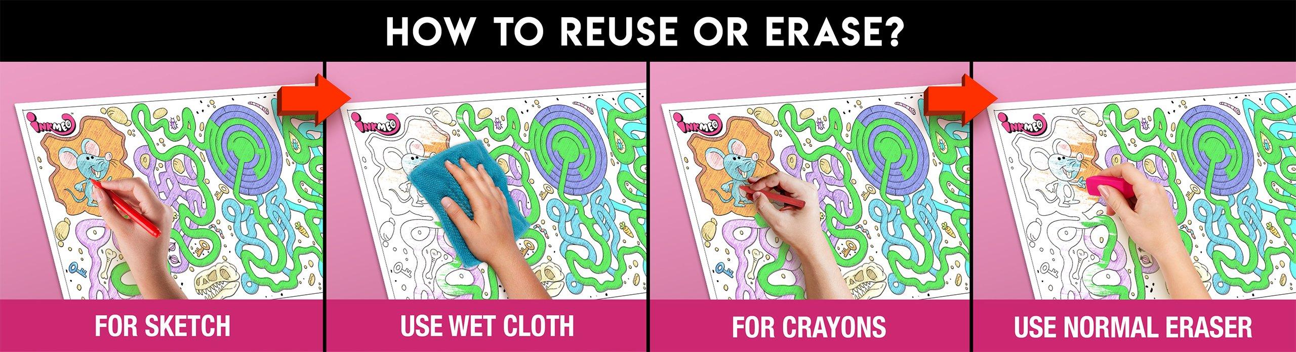 The image has a pink background with four pictures demonstrating how to reuse or erase: the first picture depicts sketching on the sheet, the second shows using a wet cloth to remove sketches, the third image displays crayons colouring on the sheet, and the fourth image illustrates erasing crayons with a regular eraser.