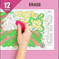 The image depicts three pictures: the first picture shows coloring with crayons, the second image portrays erasing with a normal eraser, and the third image shows scanning the image to enjoy the AR experience.