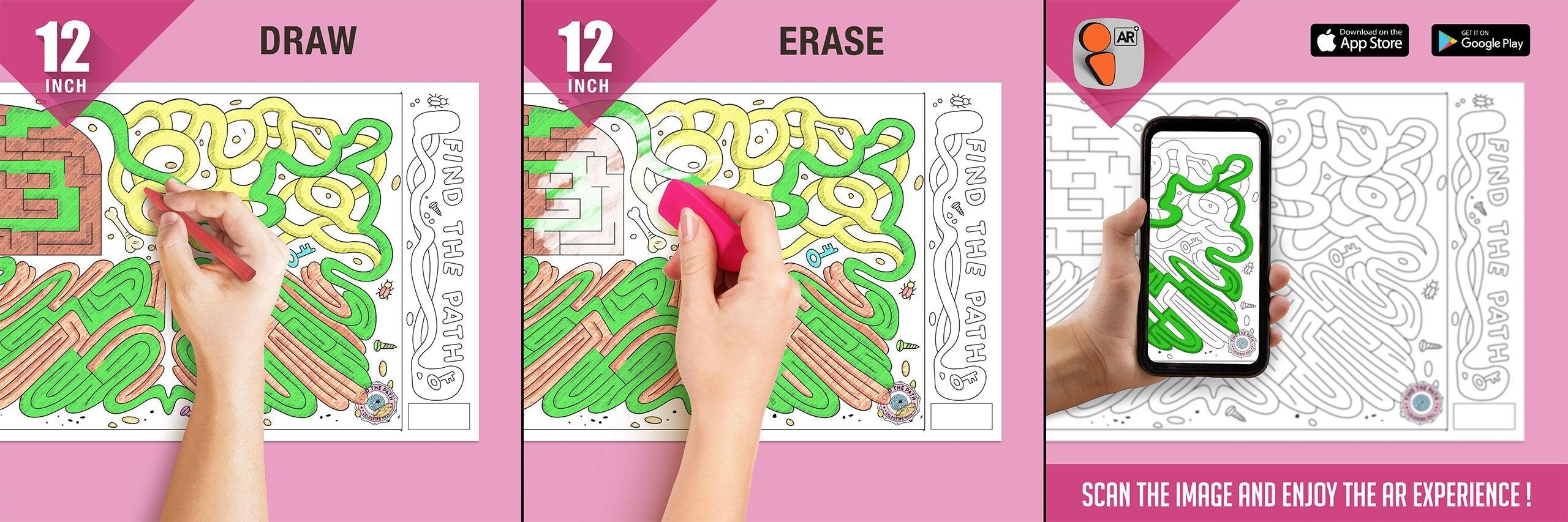 The image depicts three pictures: the first picture shows coloring with crayons, the second image portrays erasing with a normal eraser, and the third image shows scanning the image to enjoy the AR experience.