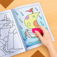 The image depicts a hand using an eraser to erase crayon marks in a colouring book.
