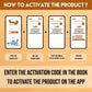  The image displays a brown background with four phones showcasing the message "To access the Inkmeo app, acquire the secret code, input the code, and tap for validation to activate the product.