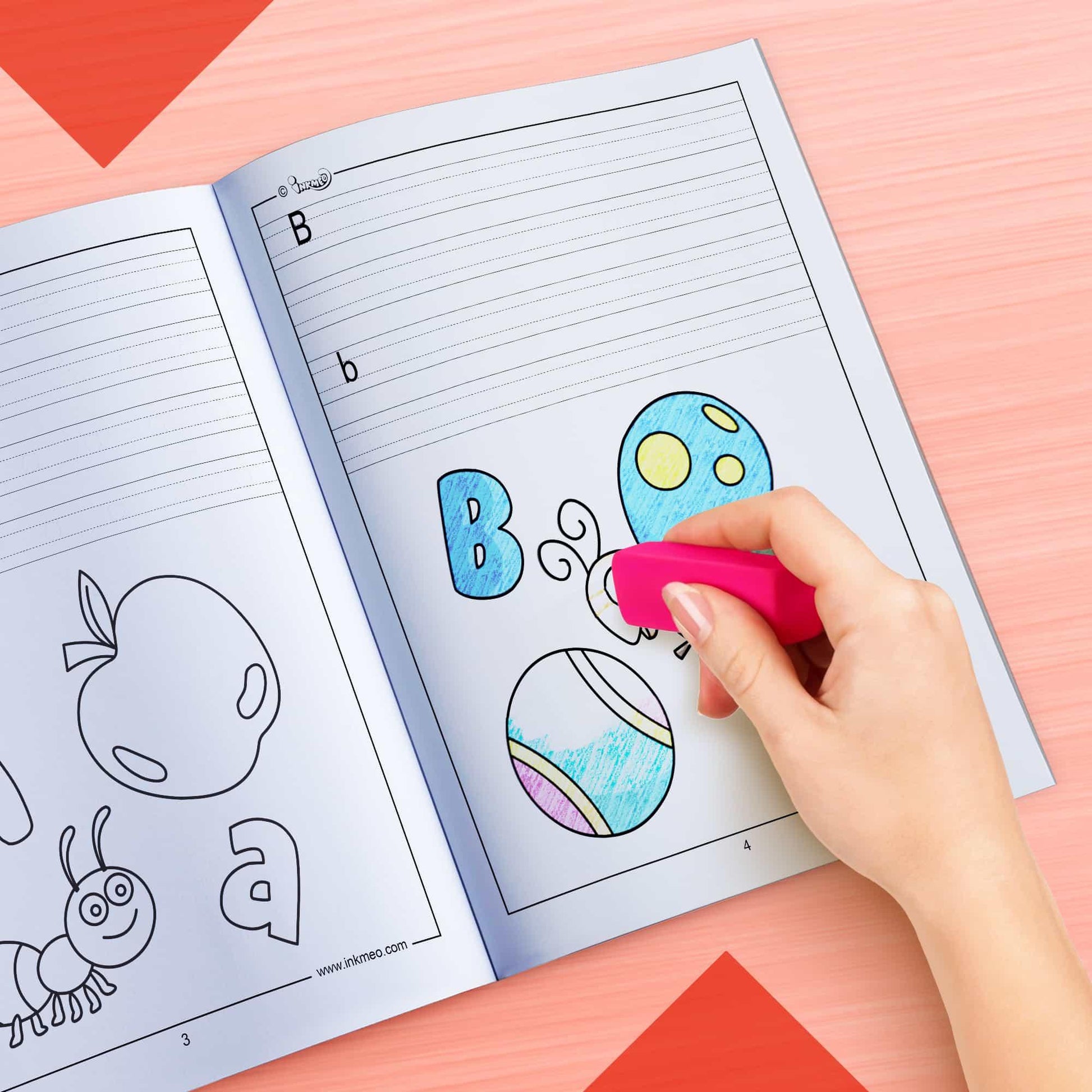 The image depicts a hand using an eraser to erase crayon marks in a colouring book.