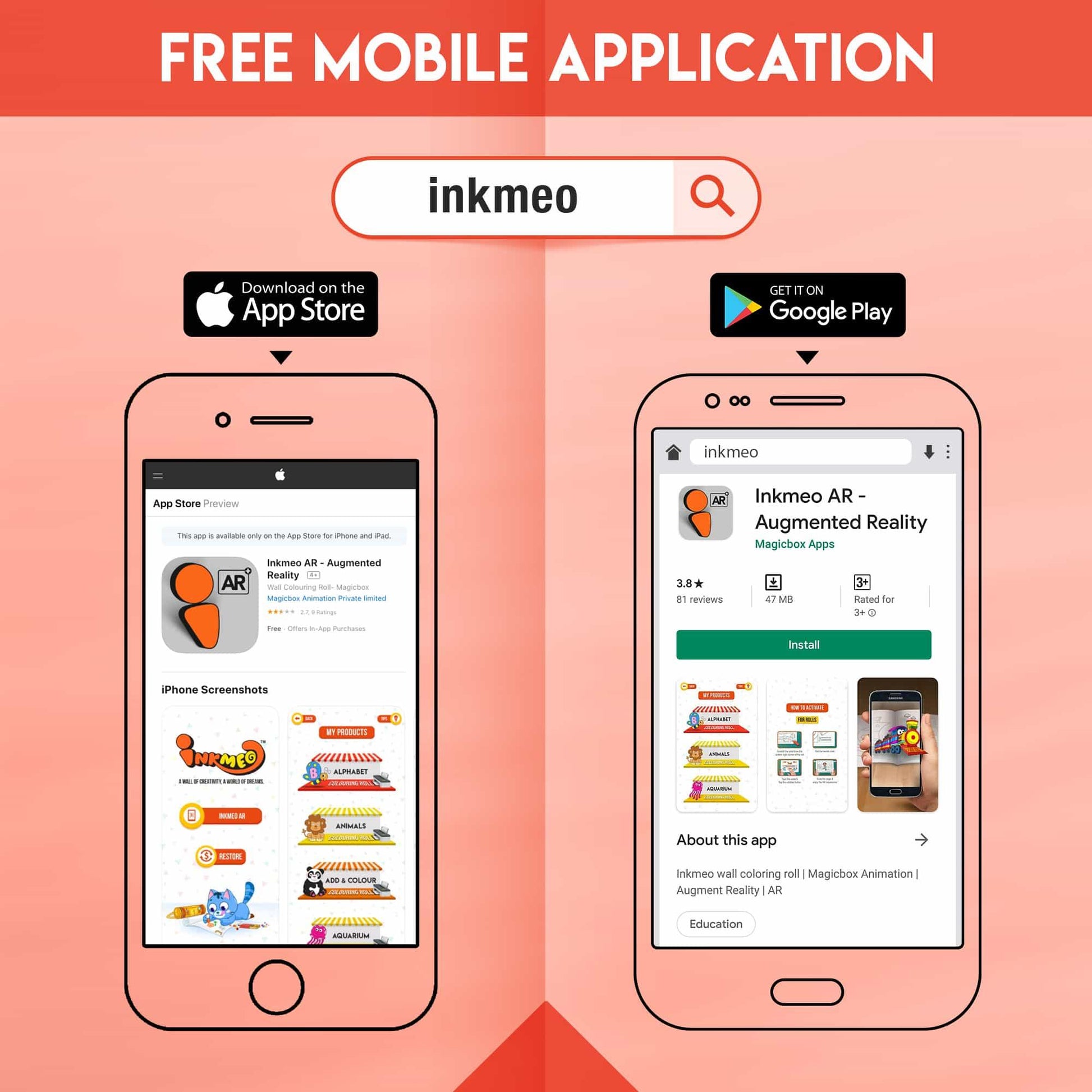 The image demonstrates how to install the Inkmeo app from both the App Store and Play Store, as it is a free mobile application.