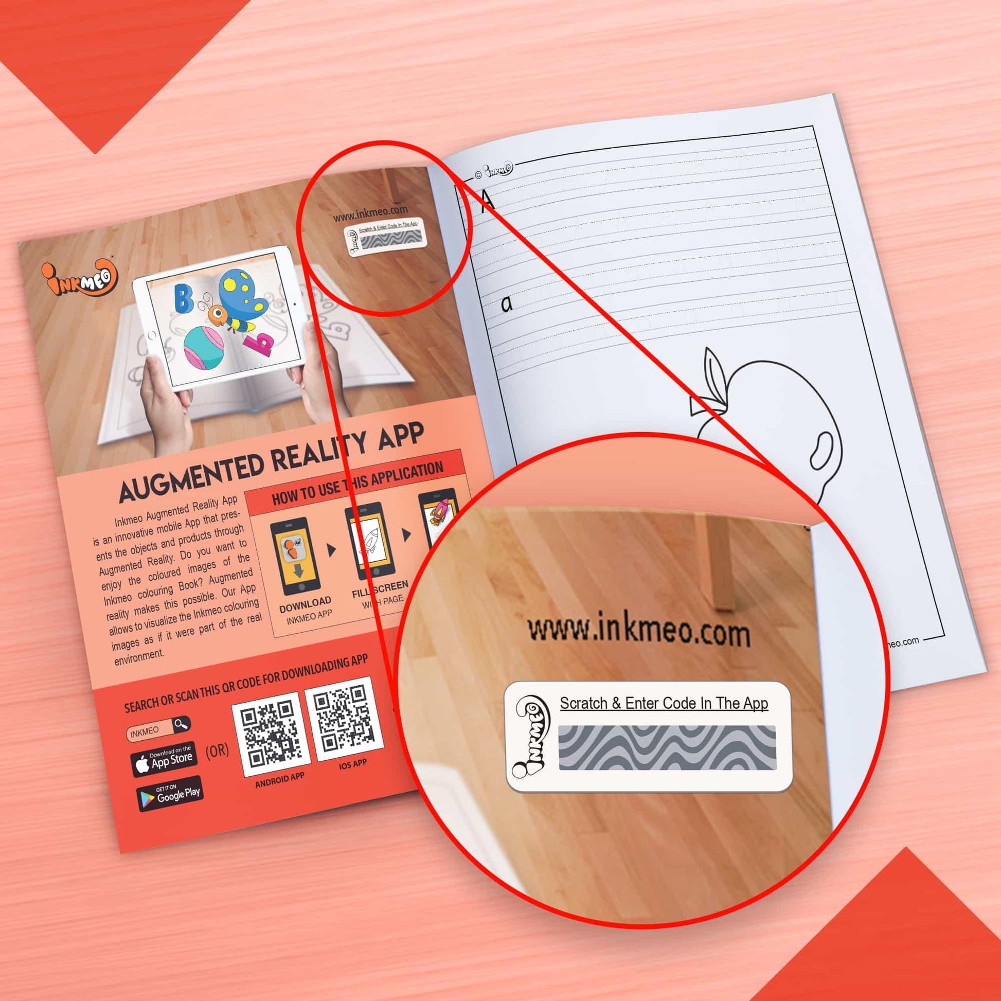 The image depicts a red background with an open book placed on it, with an activation code zoomed in from the book.