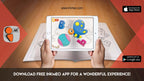 The image depicts two hands holding a tablet displaying a picture from a sheet attached to the wall. The description encourages scanning the image to enjoy the AR experience.