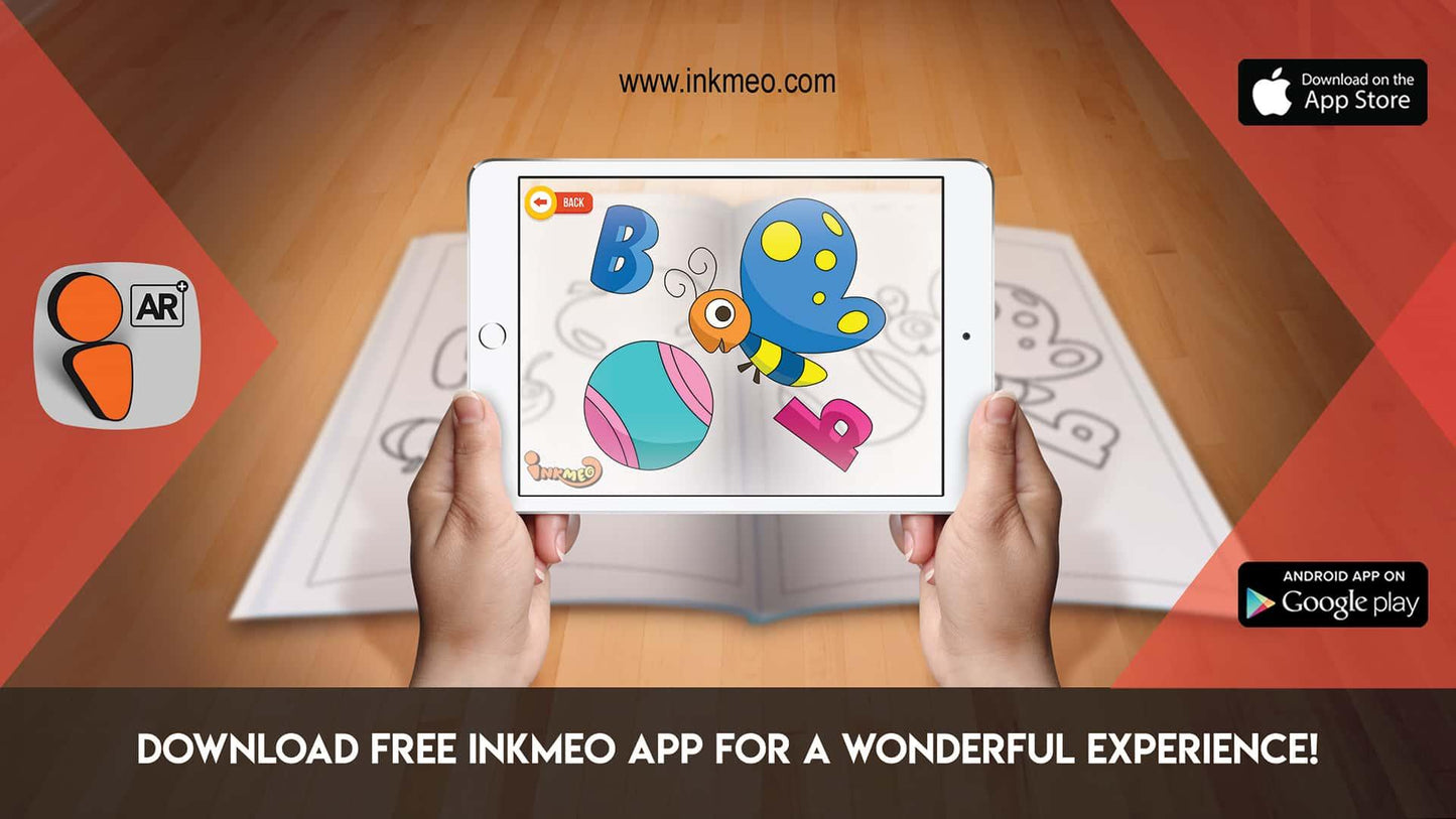 The image depicts two hands holding a tablet displaying a picture from a sheet attached to the wall. The description encourages scanning the image to enjoy the AR experience.