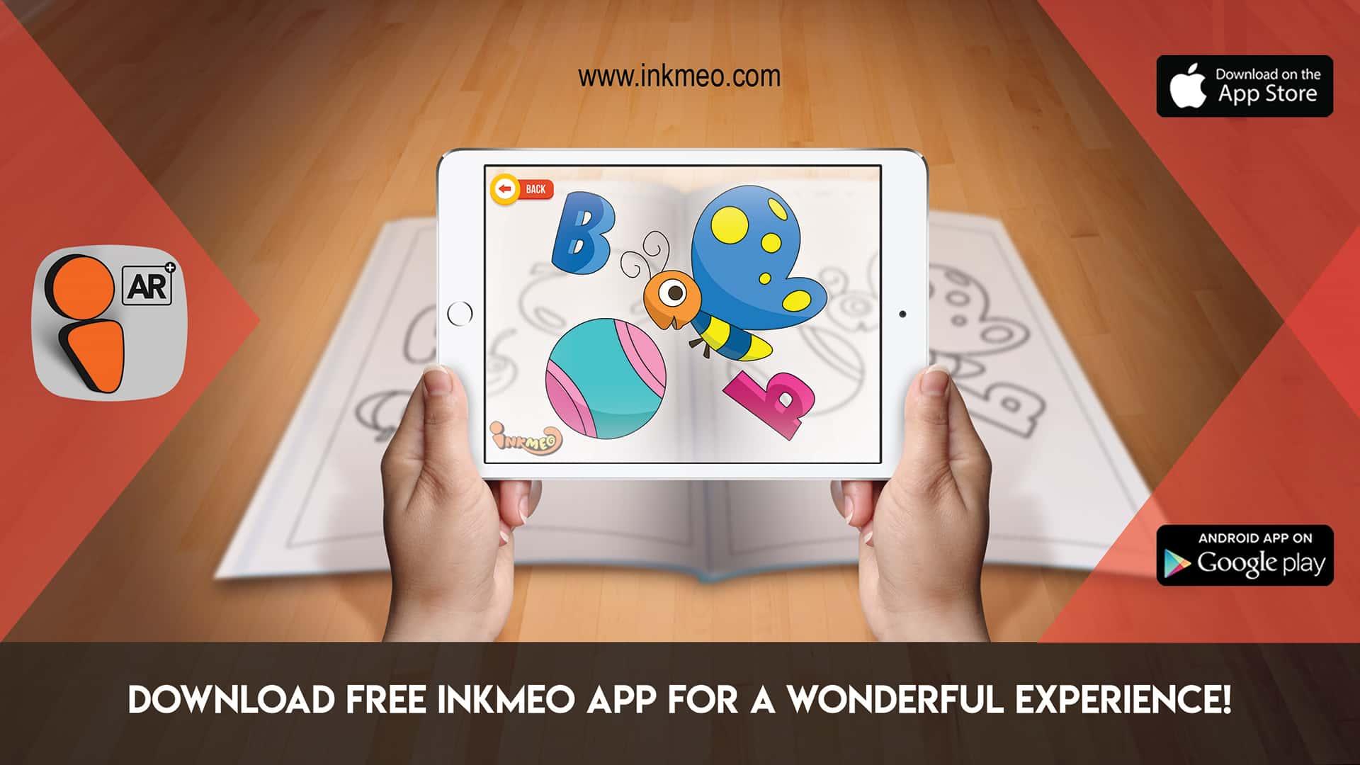 The image depicts two hands holding a tablet displaying a picture from a sheet attached to the wall. The description encourages scanning the image to enjoy the AR experience.