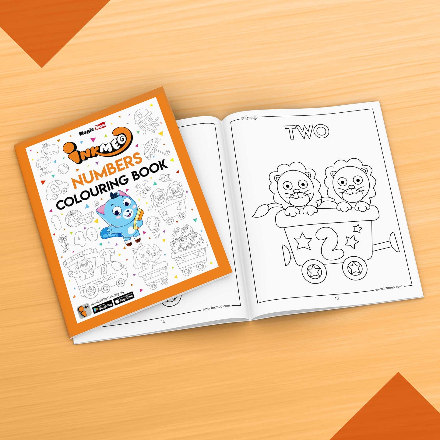 The image displays an orange background with an open book filled with pictures .