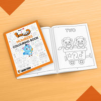The image displays an orange background with an open book filled with pictures .