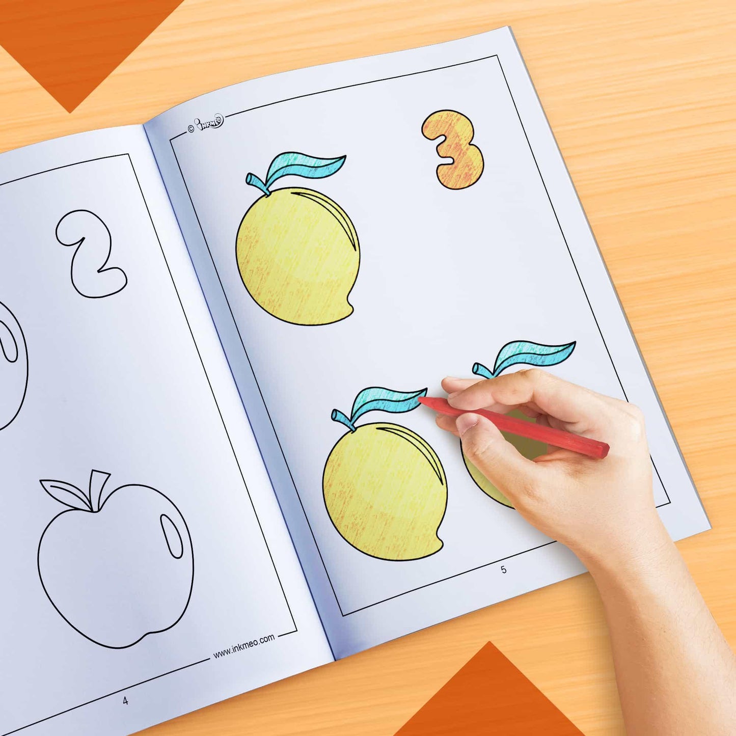 The image depicts a hand coloring a book with crayons.