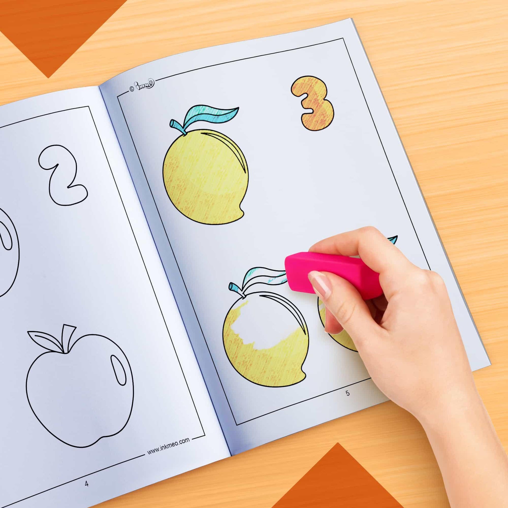The image depicts a hand using an eraser to erase crayon marks in a colouring book.