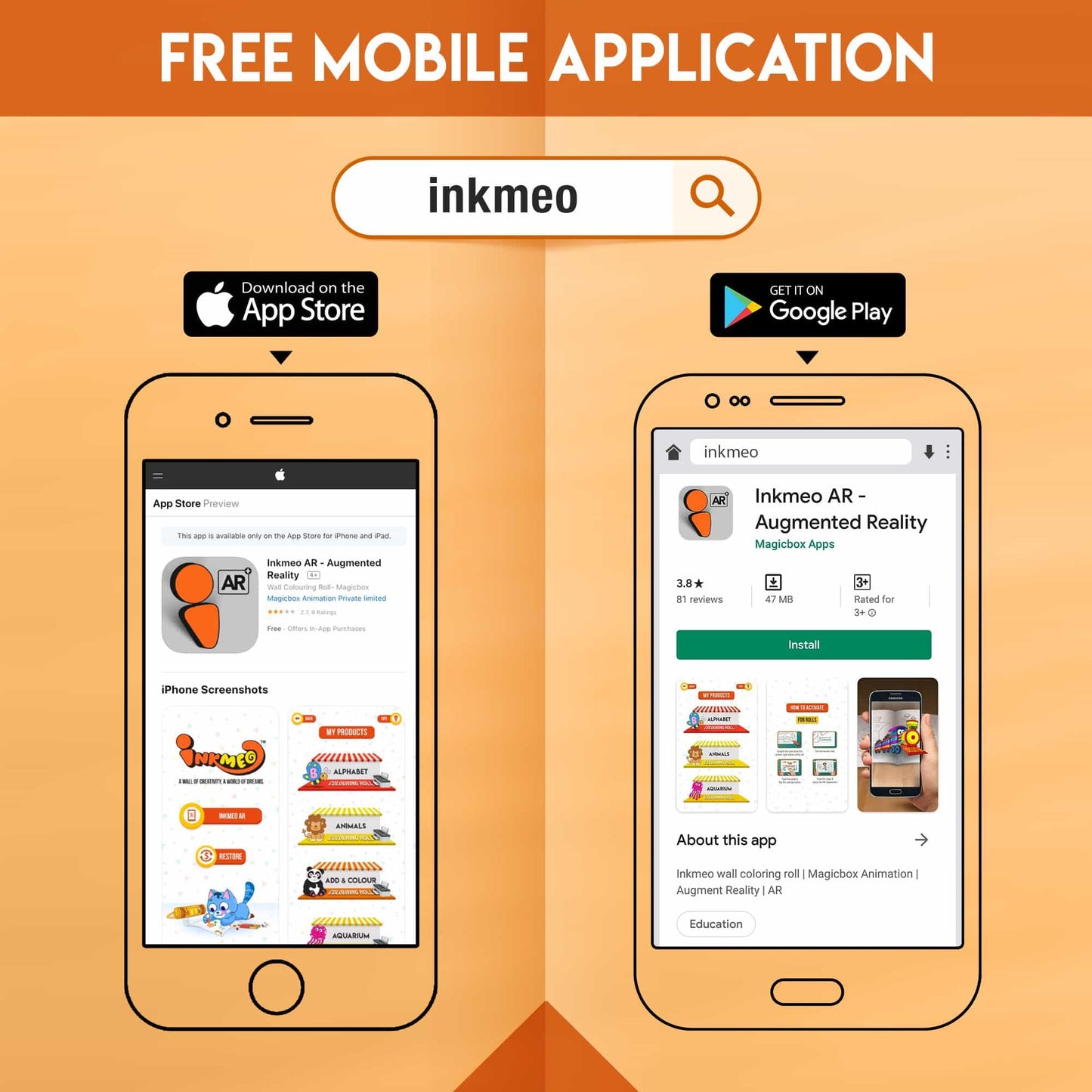 The image demonstrates how to install the Inkmeo app from both the App Store and Play Store, as it is a free mobile application.