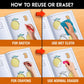 The image has an orange background with four pictures demonstrating how to reuse or erase: the first picture depicts sketching on the sheet, the second shows using a wet cloth to remove sketches, the third image displays crayons colouring on the sheet, and the fourth image illustrates erasing crayons with a regular eraser.