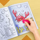 The image depicts a hand using an eraser to erase crayon marks in a colouring book.