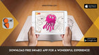 The image depicts two hands holding a tablet displaying a picture from a sheet attached to the wall. The description encourages scanning the image to enjoy the AR experience.