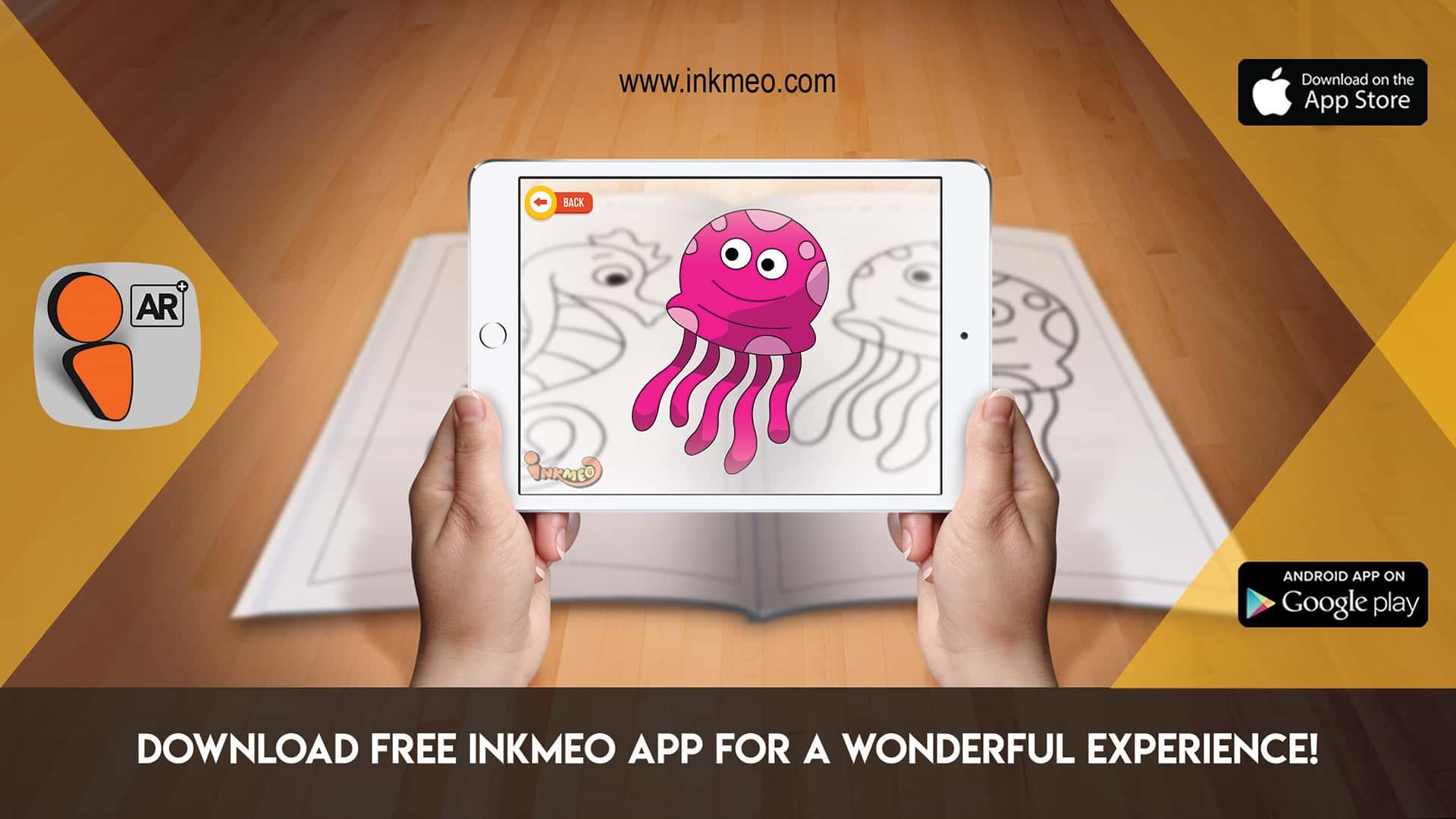 The image depicts two hands holding a tablet displaying a picture from a sheet attached to the wall. The description encourages scanning the image to enjoy the AR experience.