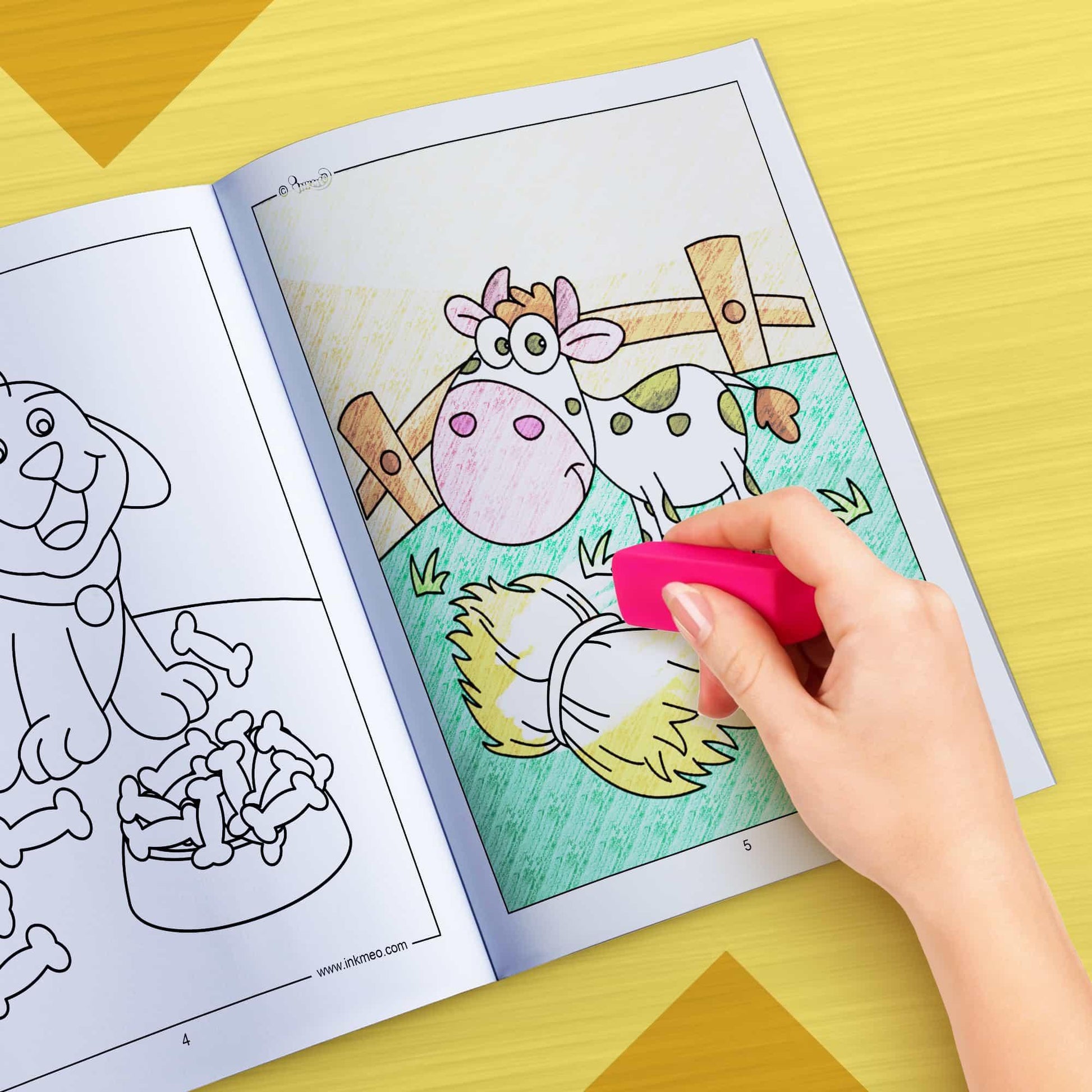 The image depicts a hand using an eraser to erase crayon marks in a colouring book.
