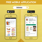 The image demonstrates how to install the Inkmeo app from both the App Store and Play Store, as it is a free mobile application.