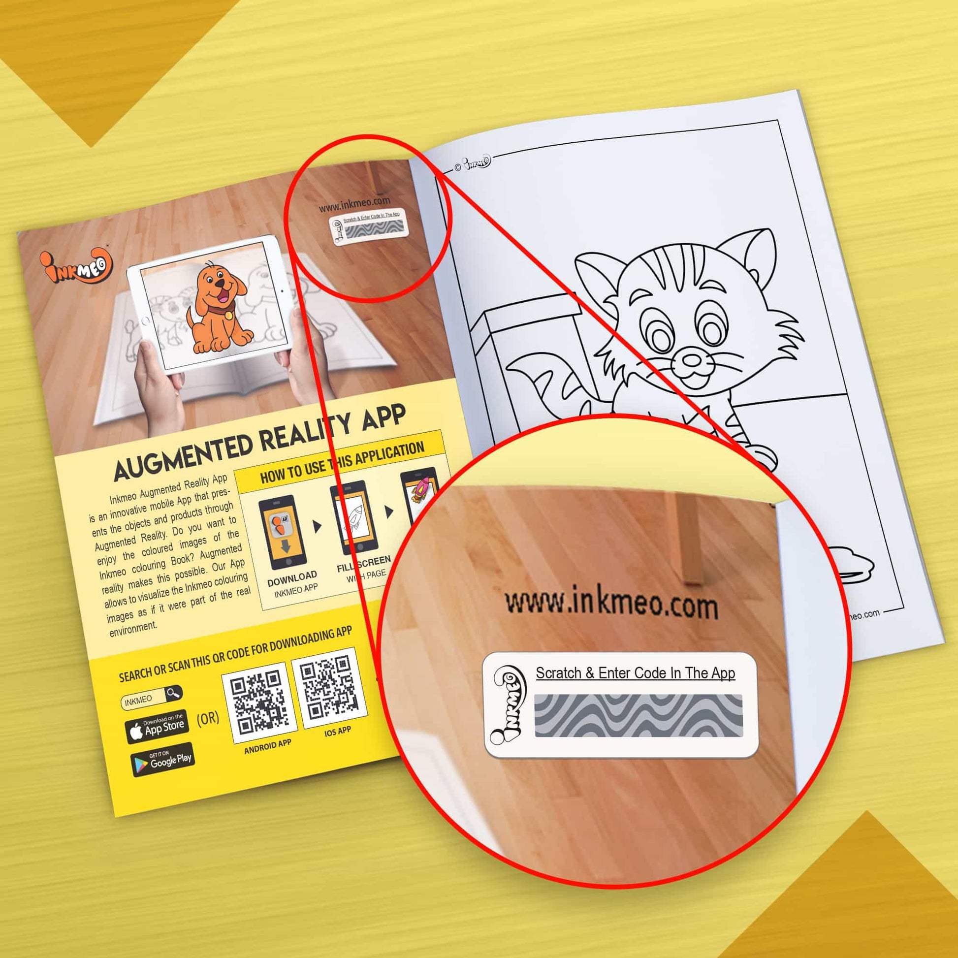 The image depicts a yellow background with an open book placed on it, with an activation code zoomed in from the book.