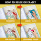  The image has a yellow background with four pictures demonstrating how to reuse or erase: the first picture depicts sketching on the sheet, the second shows using a wet cloth to remove sketches, the third image displays crayons colouring on the sheet, and the fourth image illustrates erasing crayons with a regular eraser.