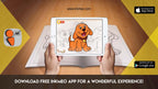 The image depicts two hands holding a tablet displaying a picture from a sheet attached to the wall. The description encourages scanning the image to enjoy the AR experience.